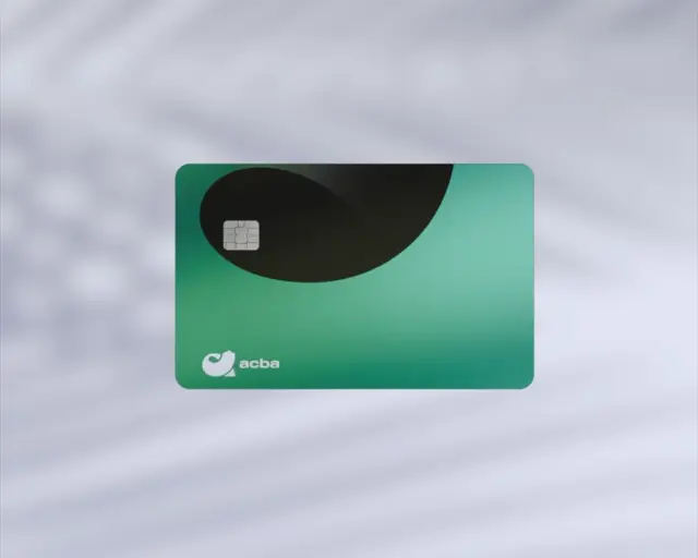 Green acba card with a glossy black inlay and silver chip, floating over soft grey cloth — 3D render