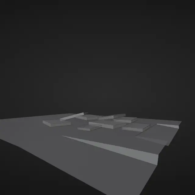 Untextured grey 3D previz: hardback books tumbling onto a giant paper plane in a dark set