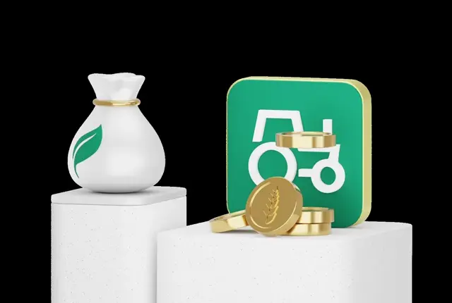 White money bag beside a green tile with a white tractor and gold wheat-stamped coins — 3D agriculture icon