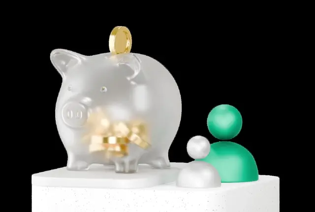 Frosted glass piggy bank of gold coins with a coin at its slot, green and white user figures alongside