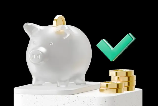 Gold coin in the slot of a frosted piggy bank beside a green tick and two short stacks of coins