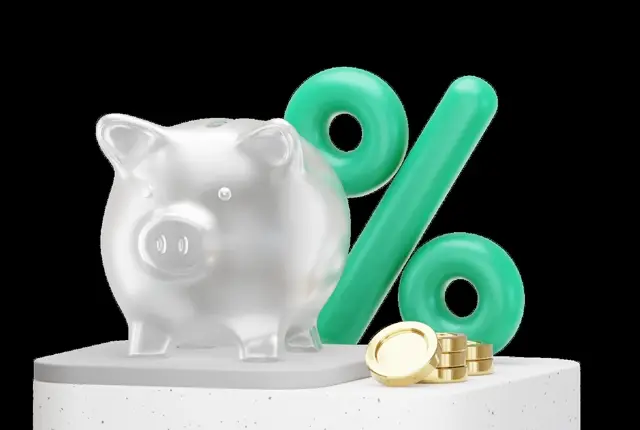 Clear frosted piggy bank with a large green percent sign rising behind it and gold coins at its feet