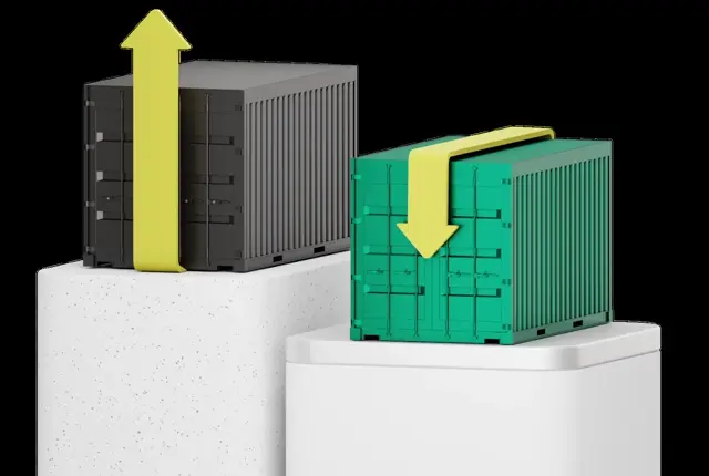 Two 3D shipping containers on white plinths: dark grey with a yellow up arrow, green with a yellow down arrow