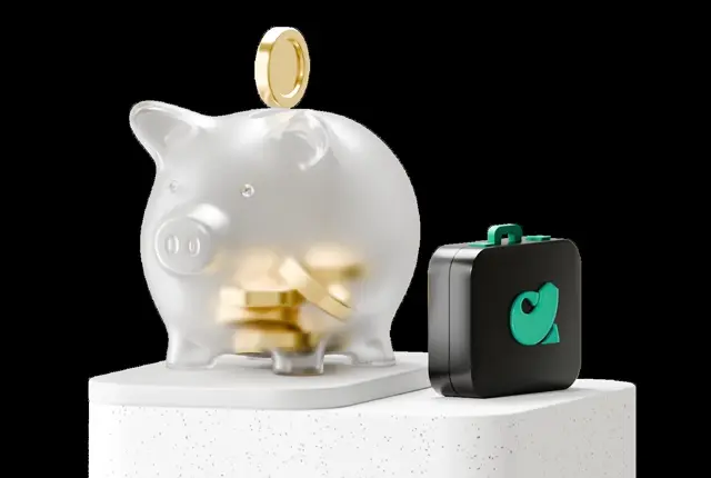 Frosted piggy bank taking a gold coin, an acba-branded black briefcase standing beside it