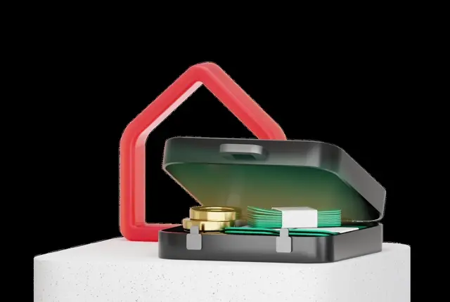 Coral house outline behind an open black briefcase of gold coins and green banded banknotes