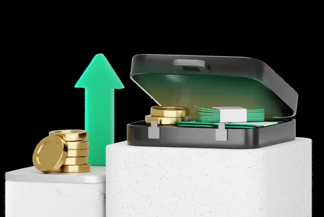 Open briefcase of green banknotes and coins beside a green up arrow and rising coin stacks