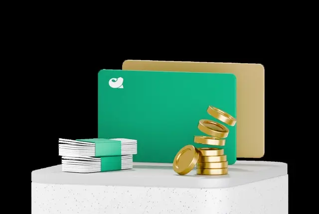 Green acba card in front of a gold one, with tumbling coin stacks and a green-banded bundle of notes