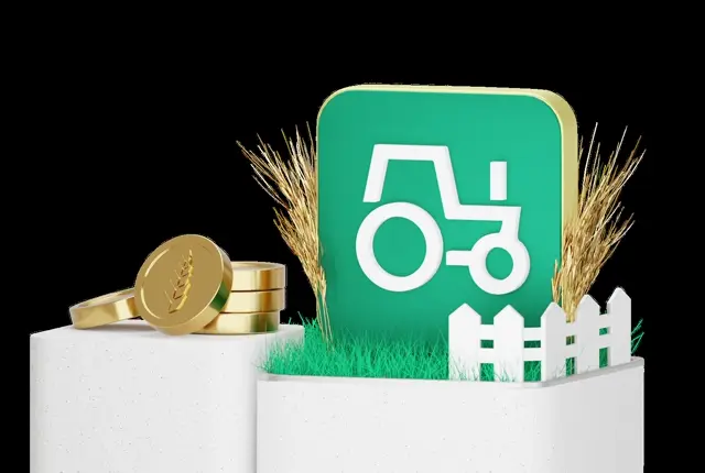 Green tractor tile among wheat stalks, grass and a white picket fence, wheat coins at left