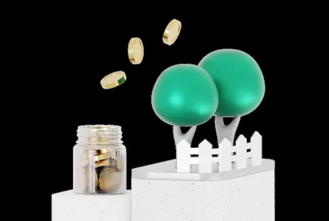 Glass jar of gold coins with three more dropping in, two round green trees behind a white picket fence