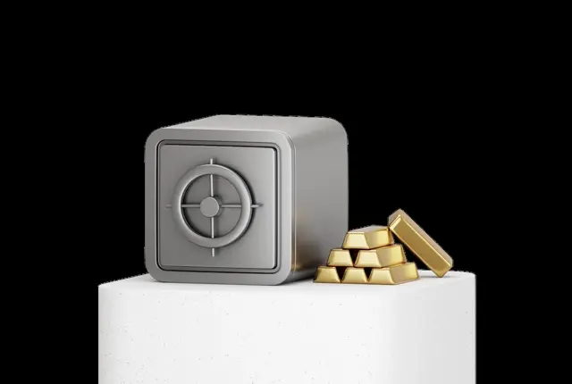 Grey steel safe with a spoked dial next to a pyramid of gold bars