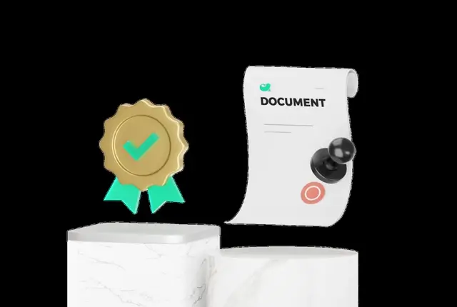 Gold rosette badge with a green tick beside a pinned "DOCUMENT" sheet stamped in coral, on marble plinths