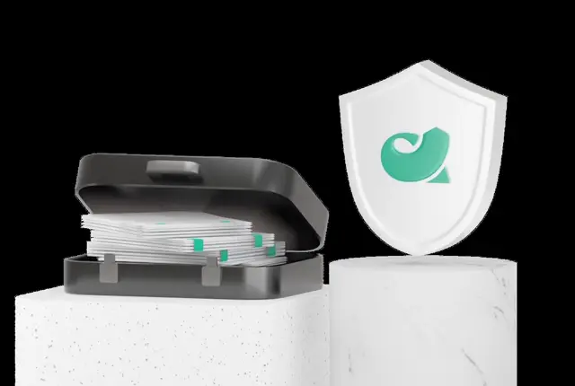 Open black briefcase of green-banded paper stacks with a white acba shield badge floating alongside