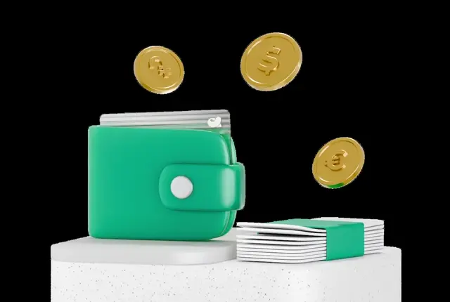 Green snap-button wallet with cards inside, dram, dollar and euro coins floating above a banded cash stack