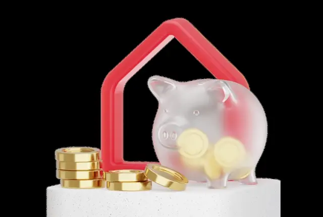 Frosted piggy bank of gold coins framed by a coral house outline, coin stacks piled at its feet