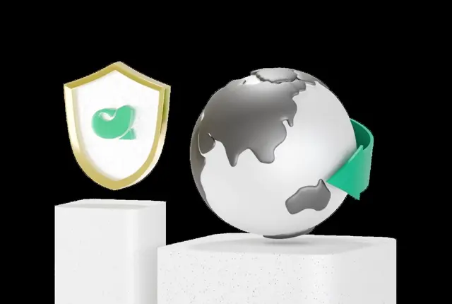 Grey and white 3D globe with a green arrow curving round it, a gold-rimmed acba leaf shield alongside