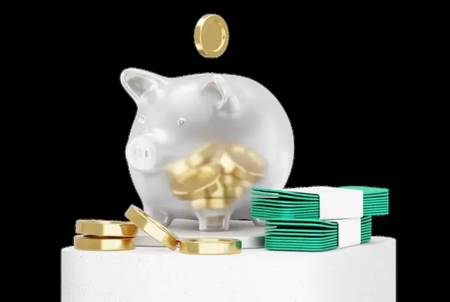 Pearl piggy bank with coins inside, a coin falling to its slot and green banknote bundles at its base
