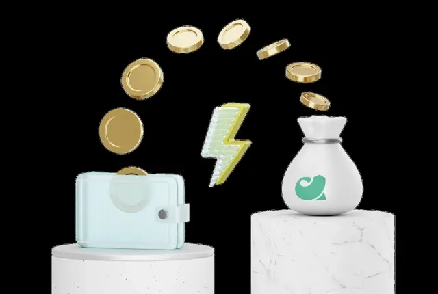 Gold coins arcing from a frosted glass wallet into an acba-leaf money bag past a glass lightning bolt