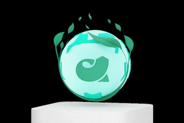 Mint globe carrying the acba leaf mark, green leaves drifting around it