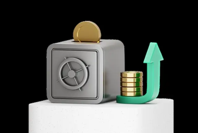Gold coin sliding into the top slot of a grey safe, a coin stack riding a green upward arrow