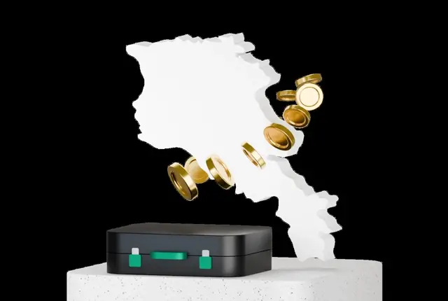 Extruded white relief map of Armenia with gold coins sweeping across it above a black briefcase