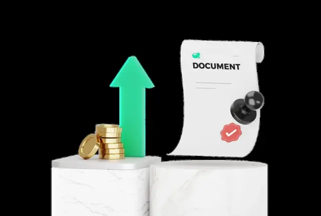 Red-sealed "DOCUMENT" sheet on a pin, gold coins and a green up arrow on the next plinth