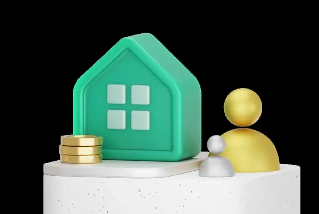 Green 3D house with a stack of gold coins at its corner and gold and silver user figures to the right