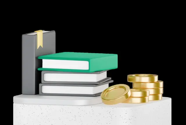 Green hardback resting on a stack of grey and white books, a bookmarked spine behind and coin stacks at right