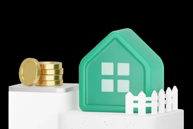 Mint green house behind a white picket fence, a short gold coin stack and an upright coin on the left plinth