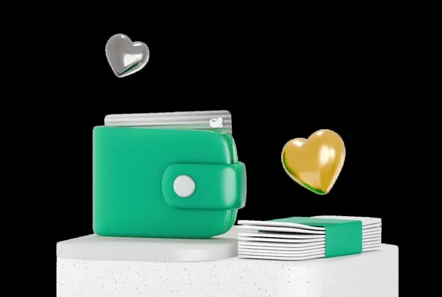 Closed green wallet with silver and gold 3D hearts floating above a green-banded stack of banknotes