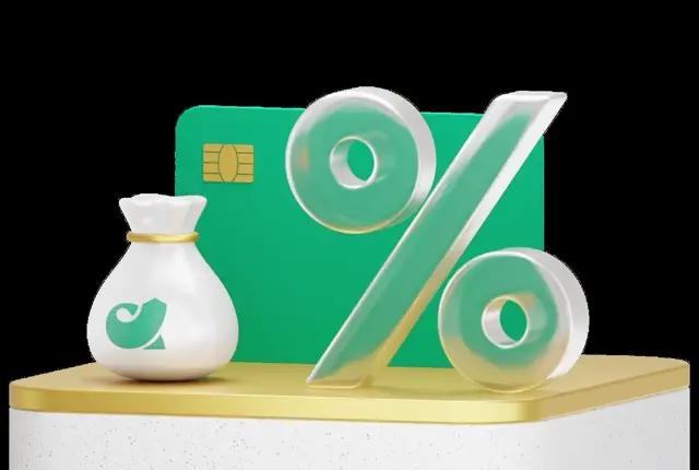 Frosted glass percent sign over a green chip card, an acba money bag beside it on a gold plinth