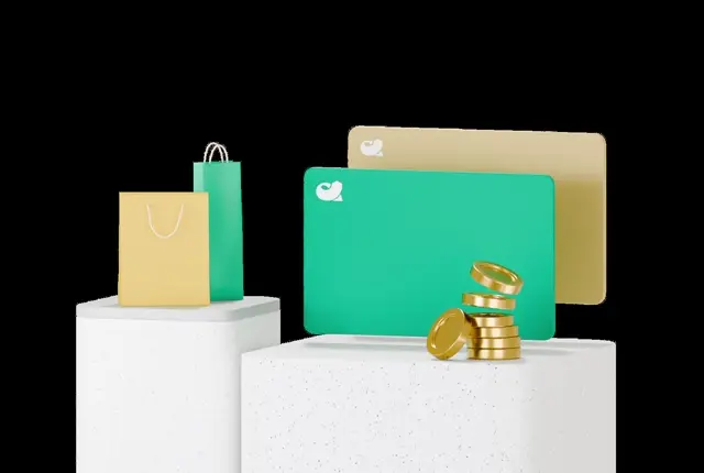 Green acba card with gold coins and yellow and green shopping bags on white plinths