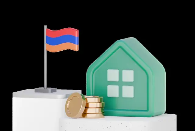 Green 3D house with four windows, a gold coin stack and a small Armenian flag on a white plinth