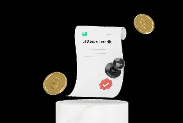 Curled receipt reading "Letters of credit" held down by a black push pin on a marble plinth