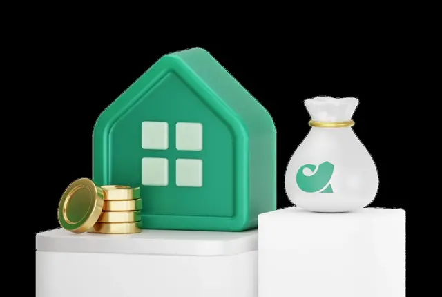 Deep green 3D house with four windows and stacked gold coins, an acba-leaf money bag on the next plinth