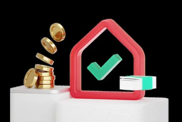 Coral house outline framing a green tick, gold coins tumbling into a stack and a banded cash bundle at right