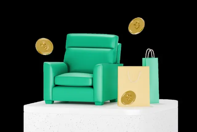 Green upholstered armchair with two dollar coins floating above and cream and green shopping bags at its side