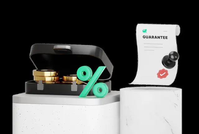 Open black briefcase of gold coins with a green percent sign, beside a "GUARANTEE" sheet sealed in red wax