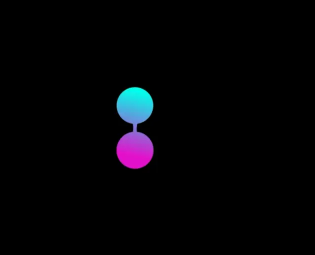 Cyan and magenta gradient circles stacked and joined by a thin neck on black — 2D shape morph animation