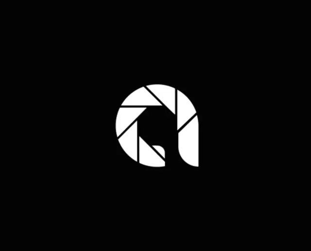 White camera-aperture mark built from angled shutter blades, forming a rounded letterform on black