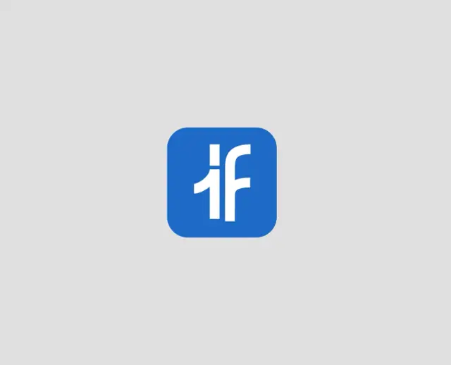 Blue rounded-square app icon holding a white 1F monogram on light grey