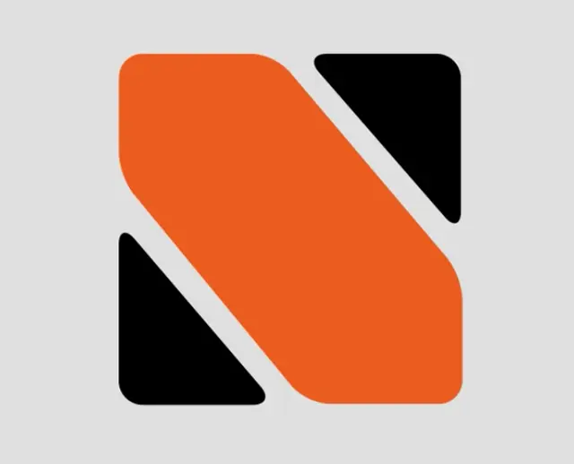 Thick orange diagonal between two black triangles, forming a stylised letter mark on grey
