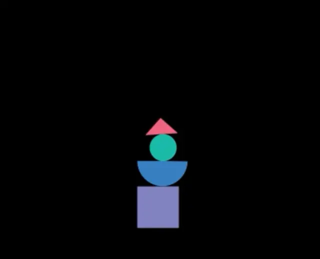 Pink triangle, teal circle, blue half-disc and lilac square balanced in a vertical stack on black