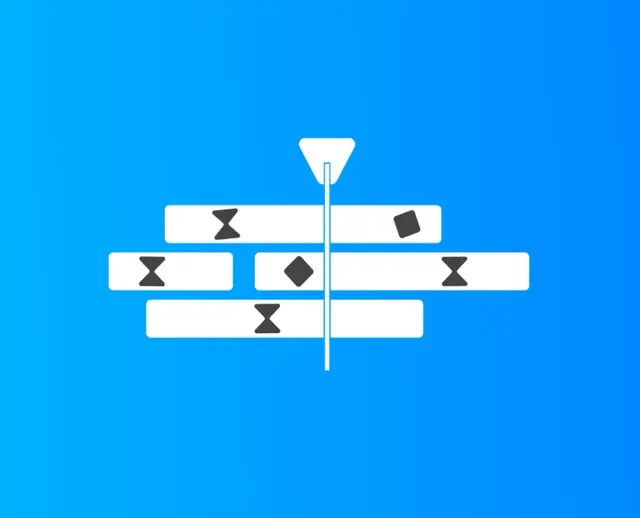 White pin drawn down a thin line over rows of white bars marked with dark bowties, on a blue gradient